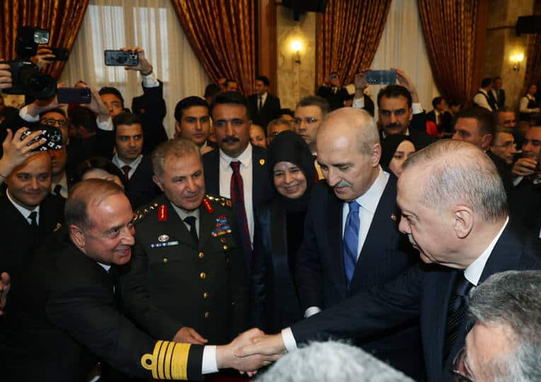 Cumhurbaşkanı Erdoğan, TBMM'nin 106. yıl dönümü resepsiyonunda liderlerle buluştu